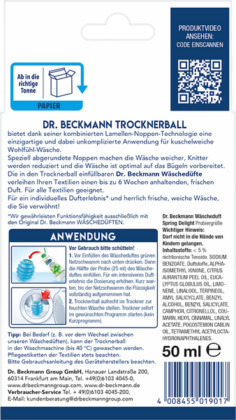 Шарик для сушильной машины с ароматизатором белья Dr. Beckmann Spring 50 мл PR1043 фото