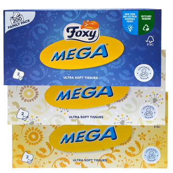 Серветки паперові косметичні в коробці 2-шарові FOXY MEGA VELINE 2 VELI 200 шт. 8008260004242 фото