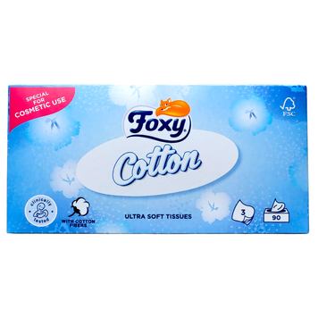 Серветки паперові косметичні в коробці 3-шарові FOXY VELINE COTTON 90 шт. 8008260004259 фото